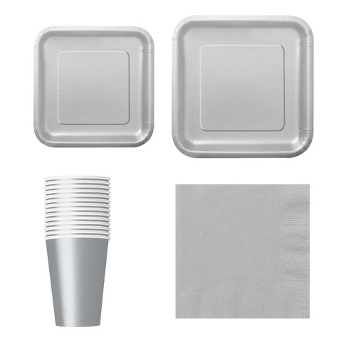 Silver - Square Plate Tableware Party Set (Pack of 64)