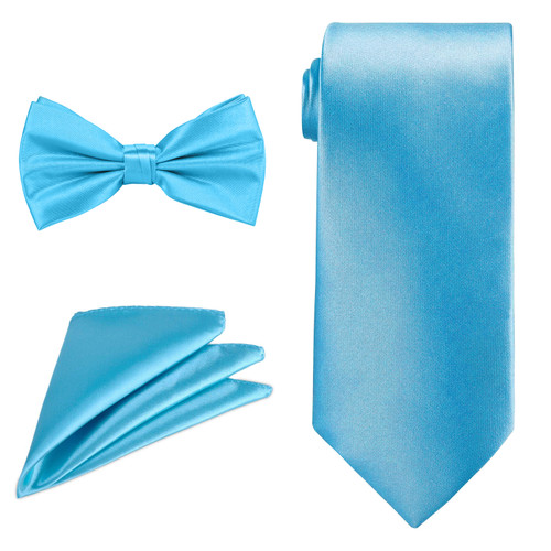 Men's Bow Tie, Neck Tie & Handkerchief Set - Aqua Blue