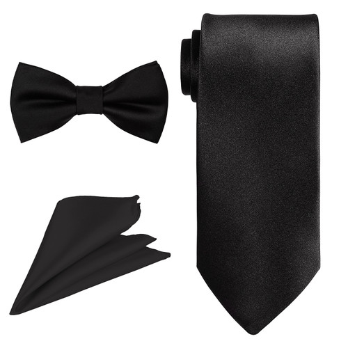 Men's Bow Tie, Neck Tie & Handkerchief Set - Black