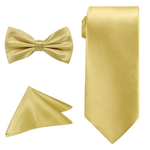 Men's Bow Tie, Neck Tie & Handkerchief Set - Gold