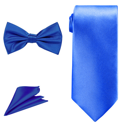 Men's Bow Tie, Neck Tie & Handkerchief Set - Royal Blue