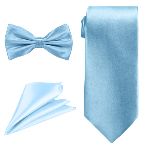 Men's Bow Tie, Neck Tie & Handkerchief Set - Sky Blue