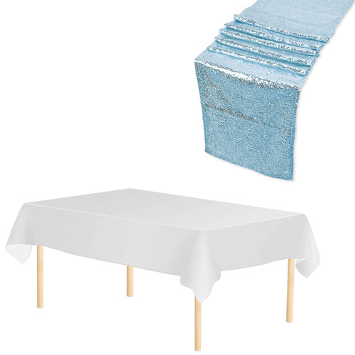 Rectangle Plastic Tablecloth and Sequin Table Runner -  White & Baby Blue