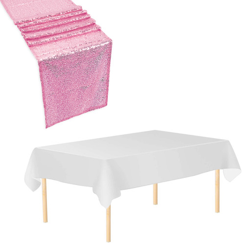 Rectangle Plastic Tablecloth and Sequin Table Runner - White & Baby Pink