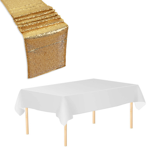 Rectangle Plastic Tablecloth and Sequin Table Runner - White & Champagne