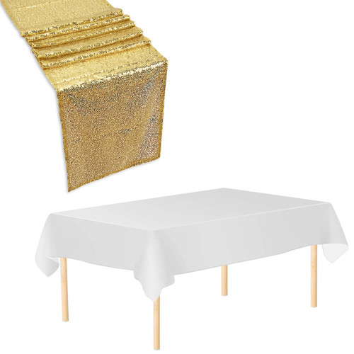 Rectangle Plastic Tablecloth and Sequin Table Runner - White & Gold