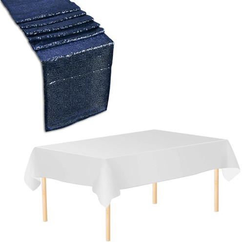 Rectangle Plastic Tablecloth and Sequin Table Runner - White & Navy Blue