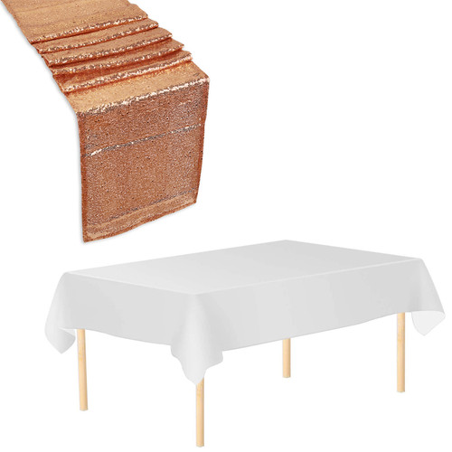 Rectangle Plastic Tablecloth and Sequin Table Runner - White & Peach