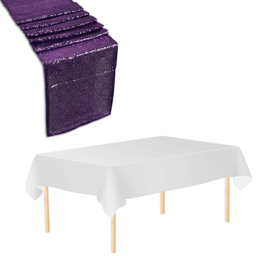 Rectangle Plastic Tablecloth and Sequin Table Runner - White & Purple