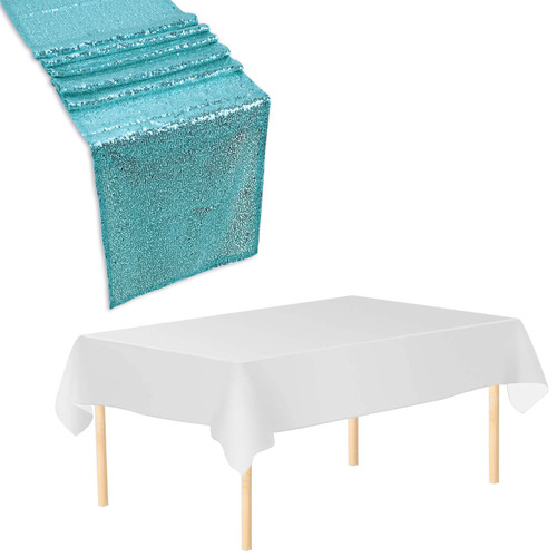 Rectangle Plastic Tablecloth and Sequin Table Runner - White & Turquoise