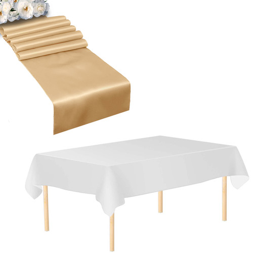 Plastic Tablecloth and Satin Table Runner Set - White & Champagne