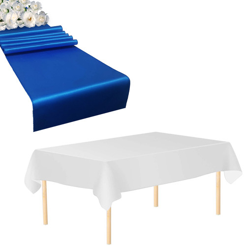 Plastic Tablecloth and Satin Table Runner Set - White & Royal Blue