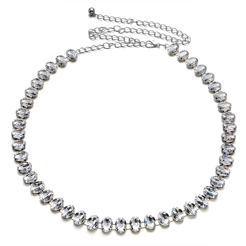 Diamante Waist Belt with Oval Crystals - Silver