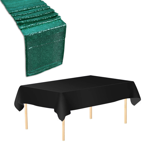 Plastic Table Cloth And Emerald Green Sequin Table Runner Set - 2pcs