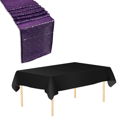 Plastic Table Cloth And Purple Sequin Table Runner Set - 2pcs