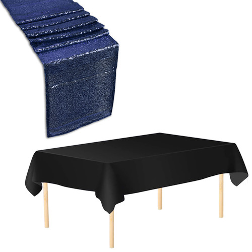 Plastic Table Cloth And Royal Blue Sequin Table Runner Set - 2pcs