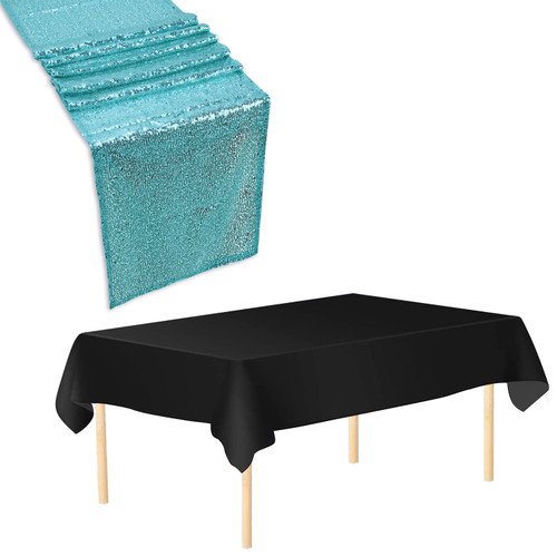 Plastic Table Cloth And Sequin Turquoise Table Runner Set - 2pcs
