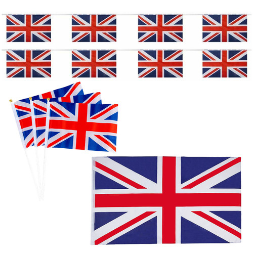 Union Jack 2.5x1.6ft Flag, Handflag & Rectangular Bunting Set - 12pcs