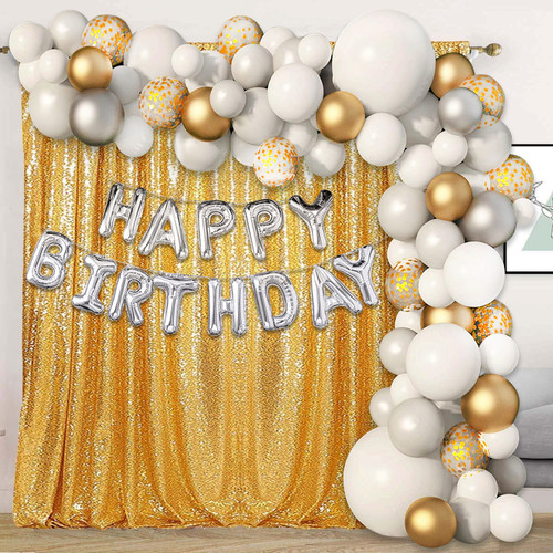 Metallic Balloon Arch with Happy Birthday Foil Balloon Set - White, Gold, Silver - 122pcs