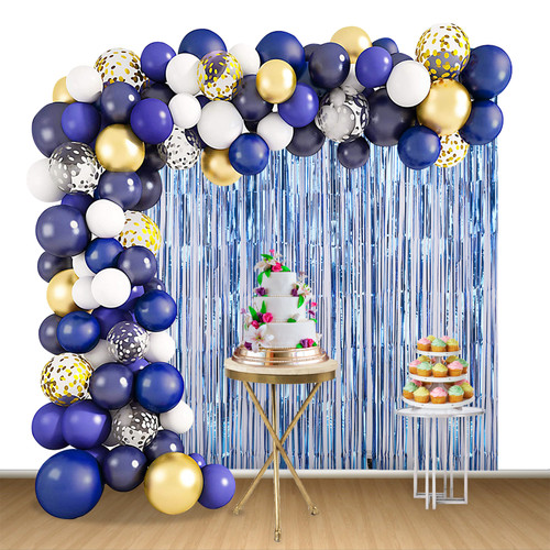 Balloon Arch, Foil Curtain & Balloon Ribbon Set - Blue, White & Grey - 127pcs