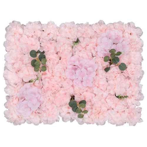 Hydrangea Artificial Flower Wall Panel 60cm x 40cm - Baby Pink with Leaves x 12