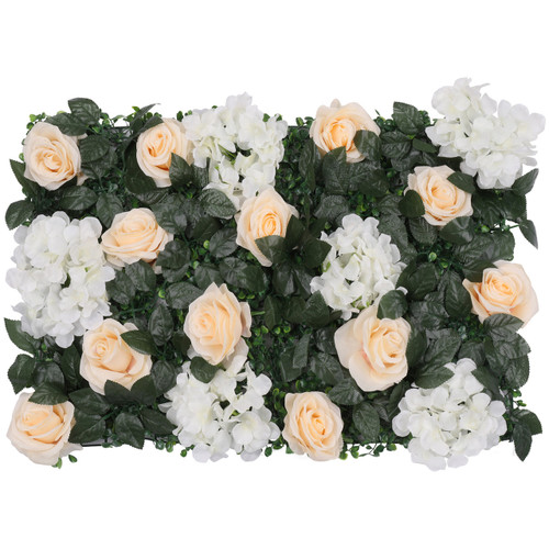 Hydrangea Artificial Flower Wall Panel 60cm x 40cm - Champagne Roses, White Jasmine with Green Leaves x 12