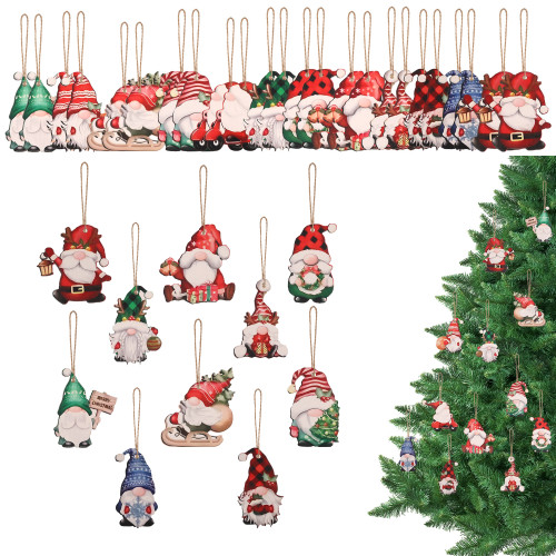 Wooden Christmas Gnome Ornaments – 24pc Set