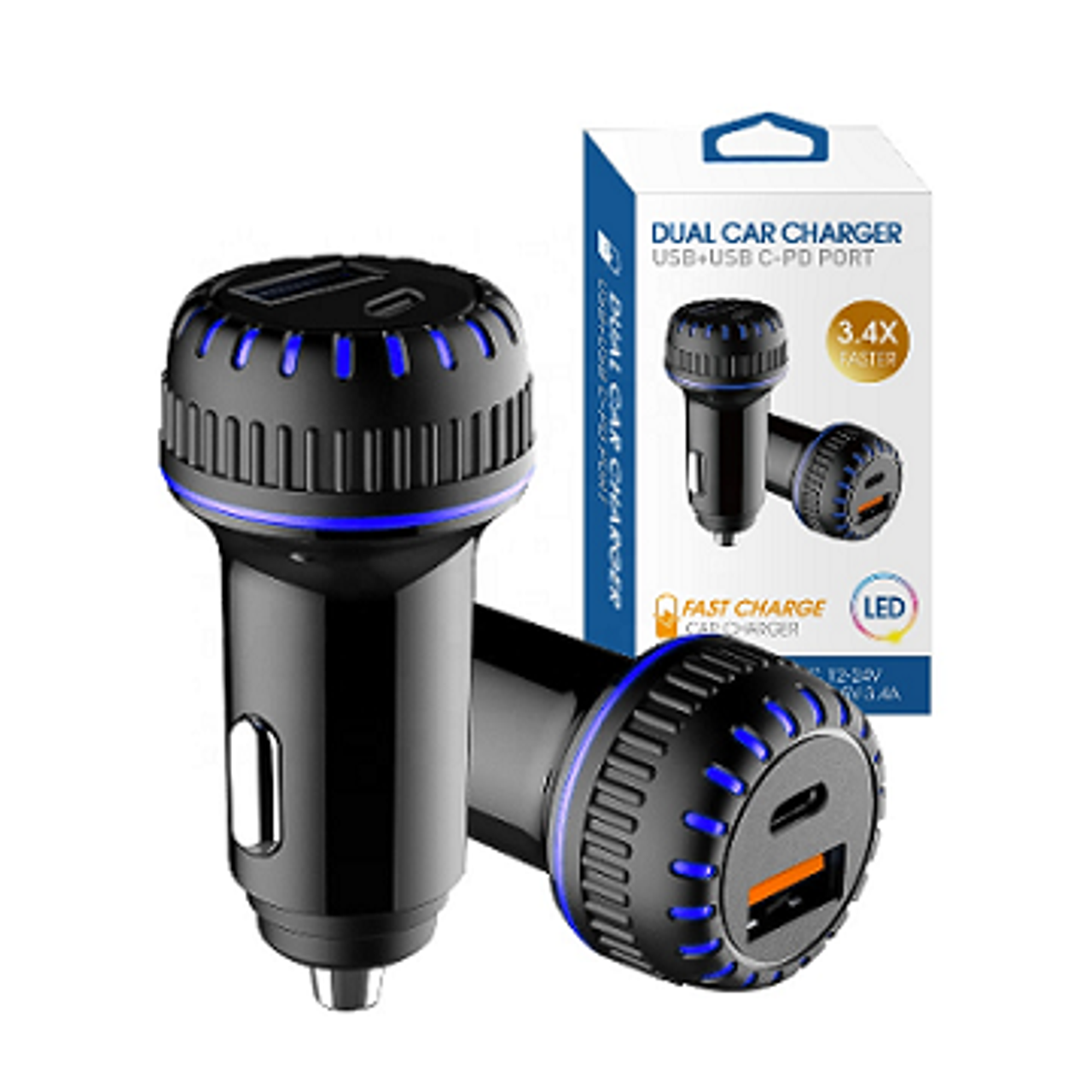 Dual USB + C  Car Charger in Retail Package -Sold by Nutel Distributors