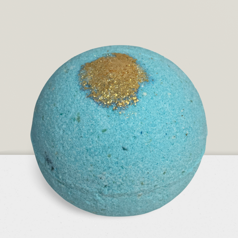 Corsica CBD bath bomb in teal and gold shimmer by Exotic Elephant