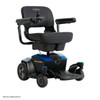 Pride Mobility Go Chair power wheelchair with black seat, joystick control, and Sapphire Blue body panels