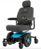 Pride Mobility Jazzy EVO 613 power wheelchair with black seat, joystick control, and Robin's Egg body panels