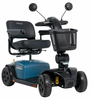 Pride Mobility Victory Platinum 4-wheel mobility scooter with black seat, front basket, and Iceburg Blue body panels