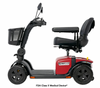 Pride Mobility Victory Platinum 4-wheel mobility scooter side view with black seat, front basket, mirrors, and Cardinal Red body panels