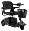 Pride Mobility Revo 2.0 3-wheel mobility scooter with black seat, front basket, and Grey Street body panels