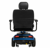 Rear view of the Pride Mobility Maxima 3-wheel mobility scooter with black captain seat and blue body panels