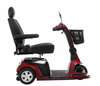 Side view of the Pride Mobility Maxima 3-wheel mobility scooter with black seat and garnet red body panels