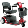 Pride Mobility Victory 9 3-wheel mobility scooter with black seat, front basket, and red body panels