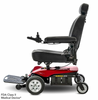 Side view of the Pride Mobility Jazzy Elite ES power wheelchair with black captain seat and red power base