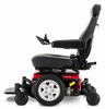 Side view of the Pride Mobility Jazzy 600 ES power wheelchair with black captain seat, joystick controller, foot platform, and red power base
