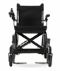 Front view of the Pride Mobility Jazzy Carbon 27X folding power wheelchair with mesh backrest, black frame, and swing-away footrests