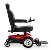 Side view of the Pride Mobility Jazzy Select power wheelchair with black captain seat and red power base
