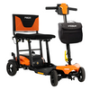 Pride Go Go Super Portable lightweight folding mobility scooter in Orange with mesh back seat and front storage bag
