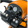 Pride Pursuit 2 heavy duty mobility scooter tiller control panel in orange showing battery gauge, speed dial, and key switch