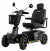 Grey Pride Pursuit 2 4-wheel heavy-duty scooter featuring deluxe black high-back captain’s seat, dual rearview mirrors, and front basket
