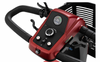 Pride Maxima 4-Wheel mobility scooter tiller control panel in red showing battery gauge, speed dial, and light switches