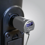 Pride Mobility USB charger shown installed on a compatible Pride mobility device