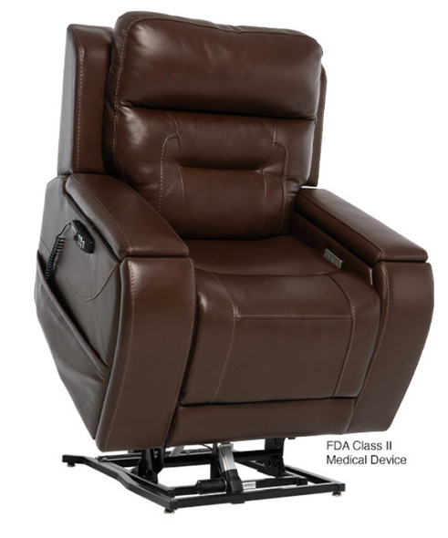 Pride VivaLift Premier Collection power lift recliner in Sorrento Coffee upholstery with side pocket and raised lift base
