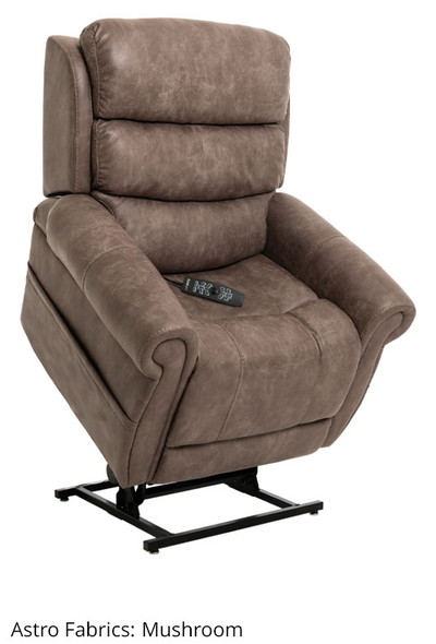 Pride VivaLift Tranquil 2 power lift recliner in Mushroom fabric with rolled arms, handheld remote, and raised lift base