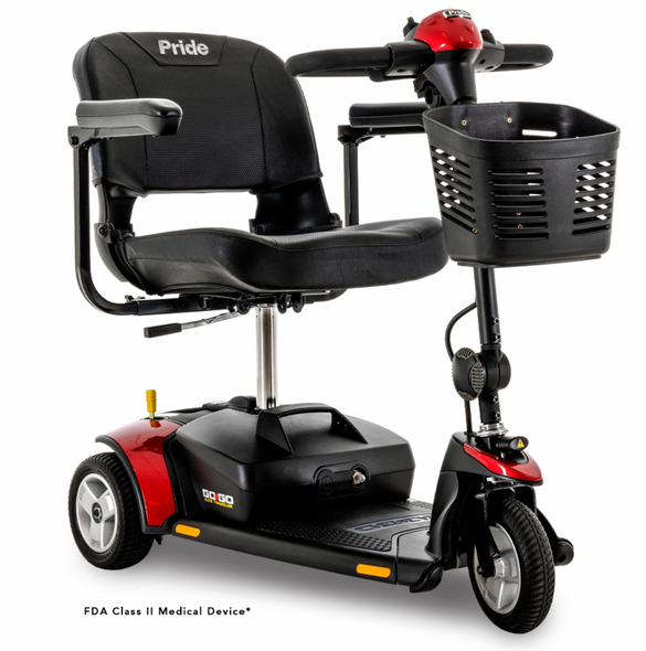 Pride Go Go Elite Traveller 3-wheel mobility scooter shown in red with front basket and padded seat