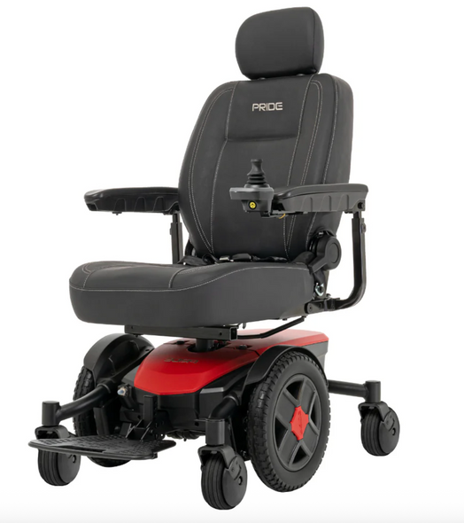 Pride Mobility Jazzy EVO 613Li power wheelchair with black captain seat and Matte Red mid-wheel drive base